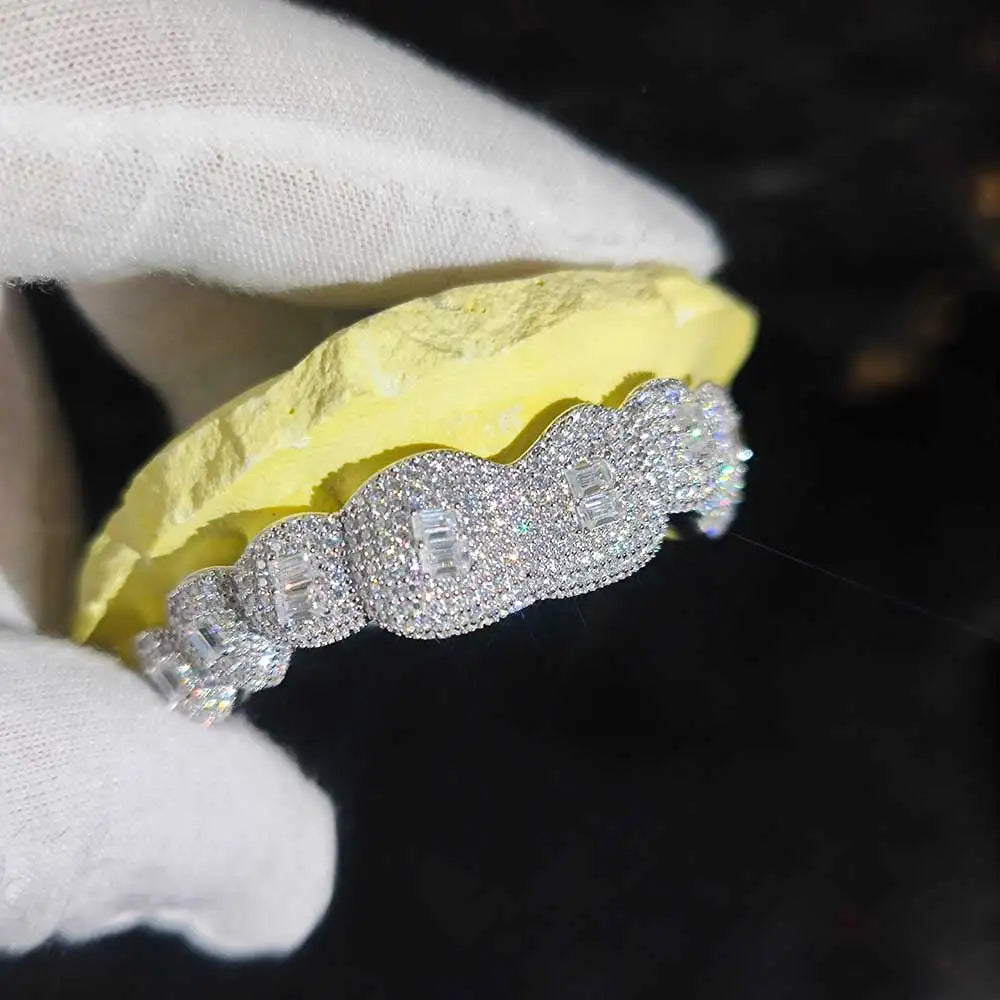 Custom Made Sterling Silver Rectangle Diamond Teeth Fine Jewelry Deep straight Cut VVS Moissanite Diamonds Teeth Mouth Grillz