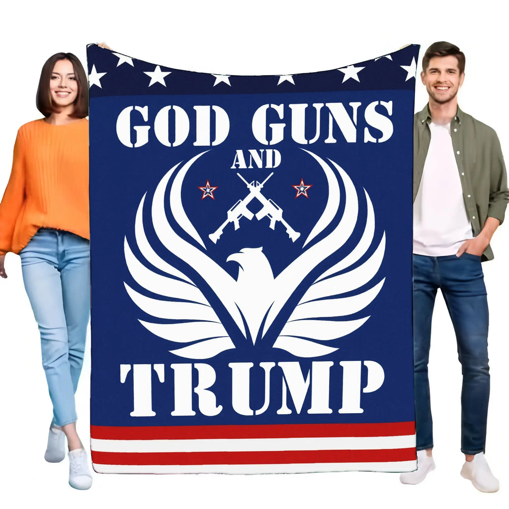 GOD GUNS AND TRUMP Flag Blanket - Patriotic Eagle Design with Crossed Rifles, USA Stars and Stripes, Perfect for Home Decor, Out