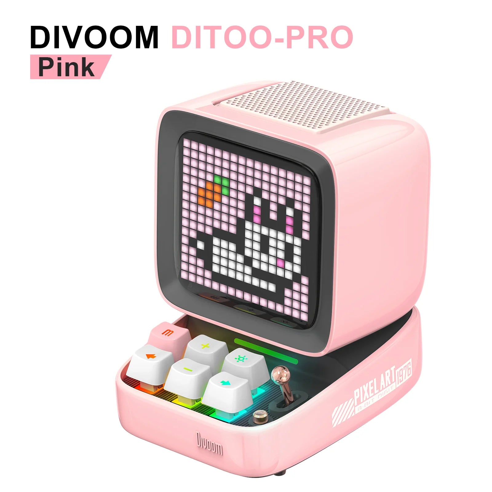 Ditoo Bluetooth-Lautsprecher, Retro-Pixel-Art-Spiel, tragbar, mit 16 x 16 LED-App-gesteuertem Frontbildschirm (Pink), DIY-LED-Anzeigetafel