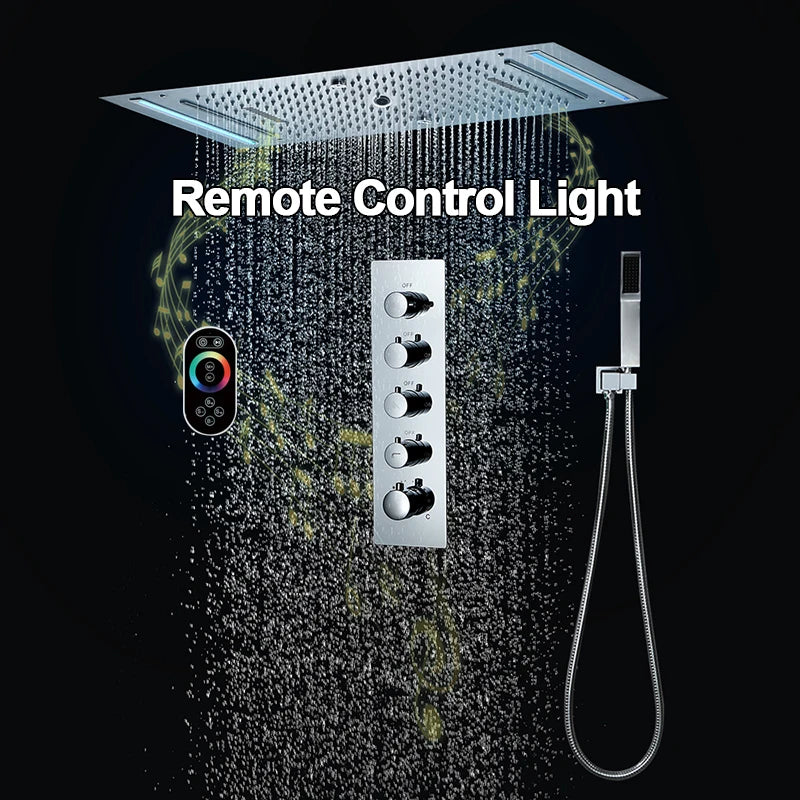 M Boenn 4 Functions Shower System Set Embedded Ceiling 638*338mm LED Shower Head Rainfall Bathroom Faucets Thermostatic Diverter