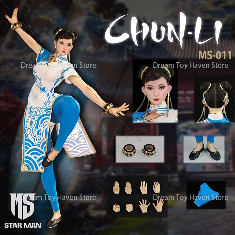 ‌STAR MAN 1/6 MS-011 Female Fighter Chun Li Blue Cloud Pattern White Cheongsam Edition‌ 12inch Action Figure Model