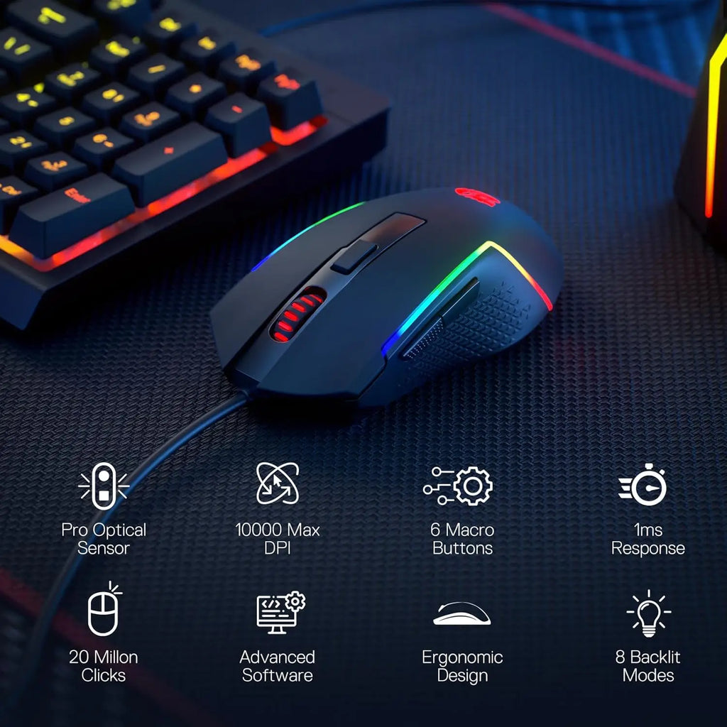 Комплект геймърска клавиатура и мишка Redragon S141, кабелна RGB мембранна клавиатура K515 и кабелна геймърска мишка M616 с 10000 DPI