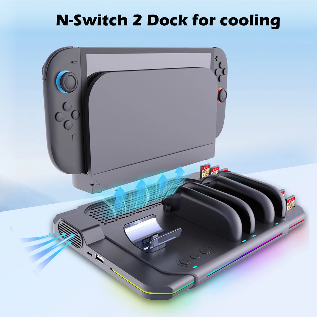Multi-functional Cooling & Charging Stand SW2139 for Switch 2 with Cooling Fan,10 Game Card Slots & Offering 9 Adj Light Effects