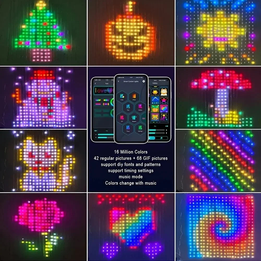 Smart LED Curtain Lights APP Control DIY Pattern RGB String Light Dimmable For Home Bedroom Party Birthday Holiday Decoration