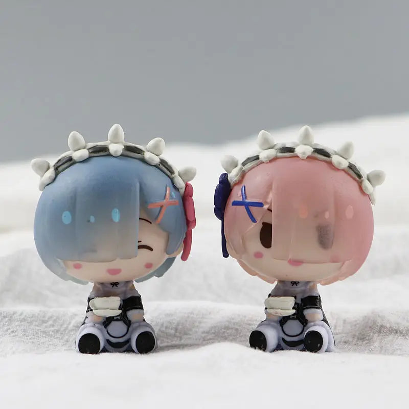 7pcs/set Anime Ram Rem q-version kawaii Sitting posture Action Figure PVC Model Statue Toys Doll Desk Decor Collectible Gifts