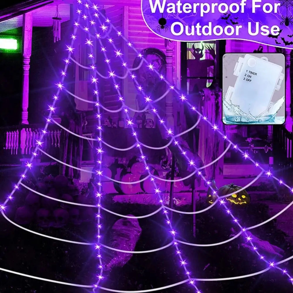 Practical 8 Modes Halloween Spider Web Lights Glow 250 LEDs LED Spider Net Hanging 5m Scary Giant Spider Haunted House