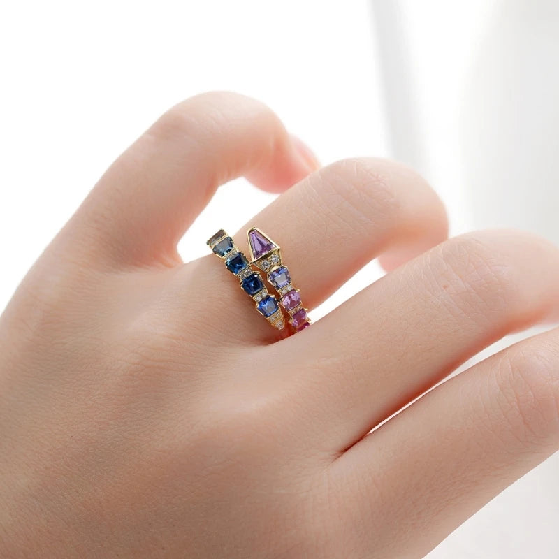 BELLUX Fine Jewelry Customized 18k Gold Material Set Natural Colored Gemstone Snake Shaped Full Diamond Ring