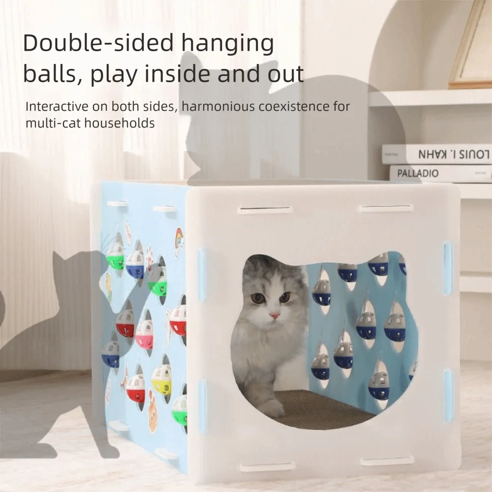 Doppelschichtiges Katzenkratzbetthaus, abnehmbares, verschleißfestes Haustiertunnelnest, doppelte Öffnung mit Bällen, Katzenschlafnest