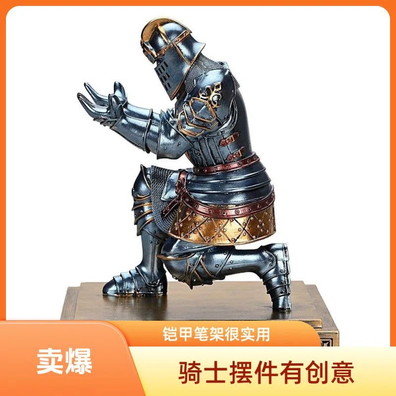 Medieval Armor Knight Resin Statue Pen Holder Pen Stand Ornament Home Room Office Decoration，Holding Sword Knight Sculpture Gift