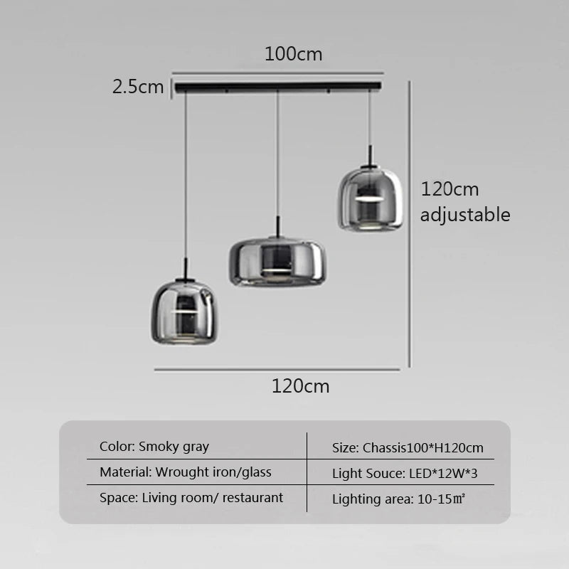 Modern LED Pendant Light Glass Smoke Gray Amber 15/26/38cm Dinner Table Hotel Lobby Bedroom Interior Lamp Home Fixture Decoratio