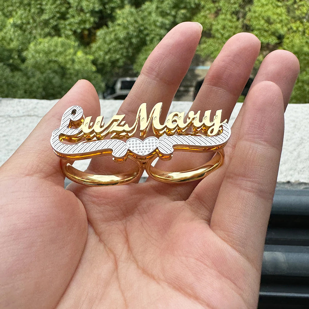Custom Name Ring Stainless Steel Double Finger Ring Personalized 3D Double Layer Nameplate Women's Ring Jewelry Anniversary Gift