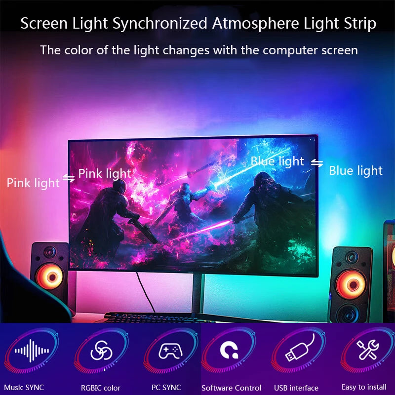 Smart Game PC Screen SYNC Backlight USB RGBIC LED Strip Light Color Picking Lamp Tape for Computer Monitor Gaming Room Decor