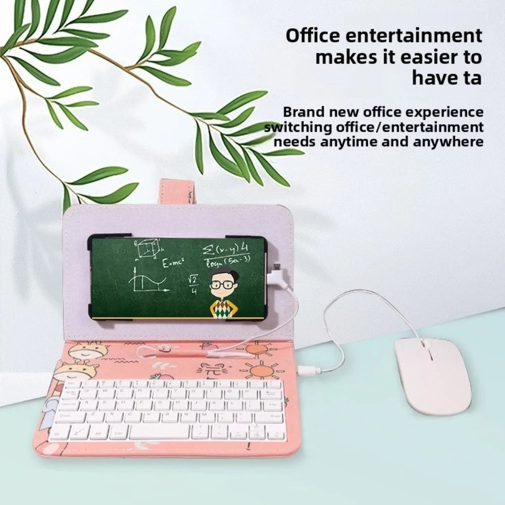 Portable Keyboard Mouse Set Type C & Micro Available PU Leather Shell Phone Holder Bluetooth Mouse Home Work Keyboard