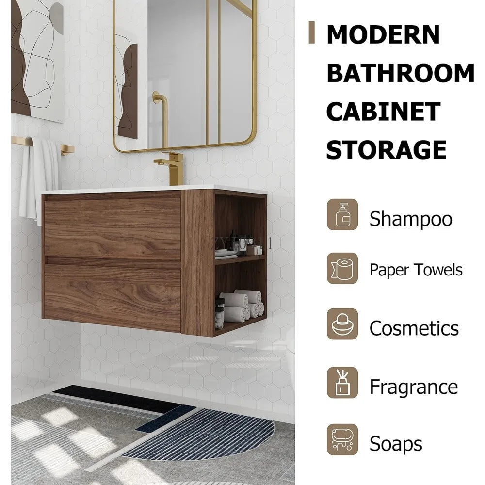 Bathroom Vanity with Gel Sink Combo Wall Mounted Cabinet Set, Modern Float Mounting Bathroom Vanity Set with 2 Drawers