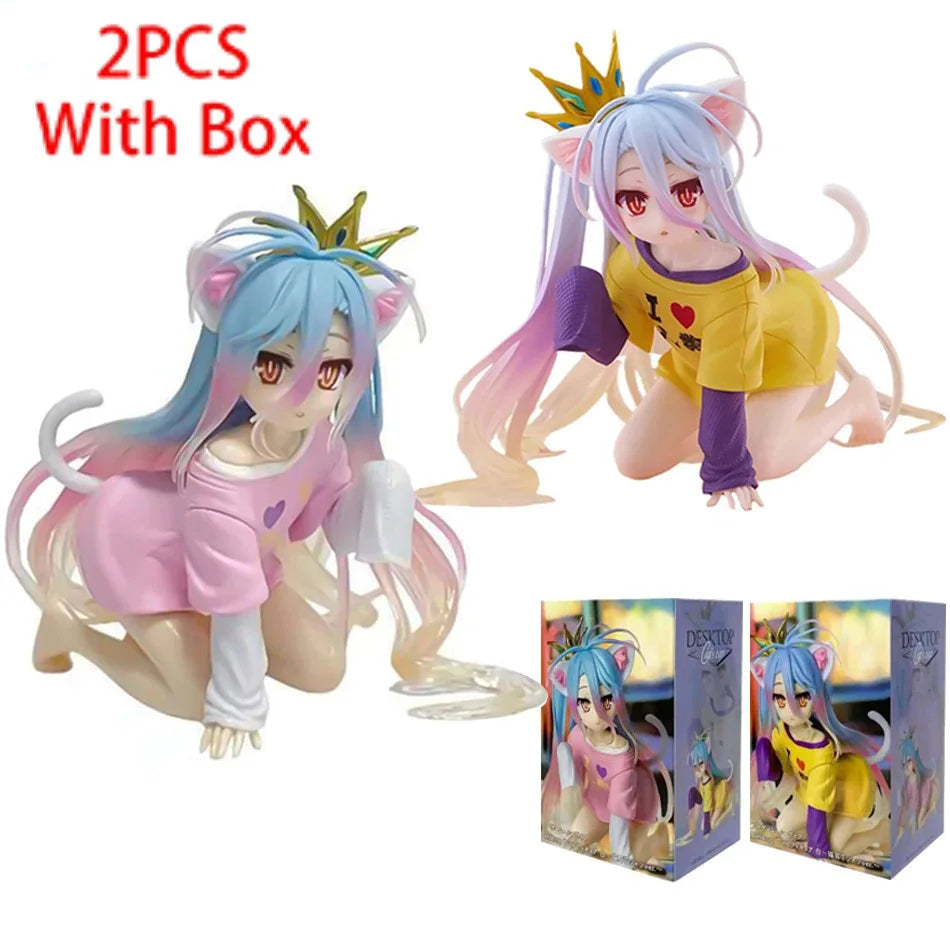 In stock anime no game no life: zero shiro desktop cute white figure for cat ear t-shirt 10cm model toy figure ornaments present