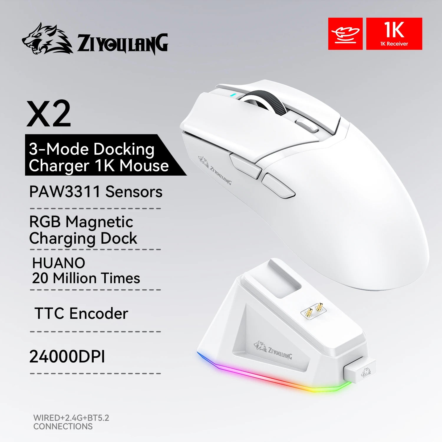 ZIYOULANG X2 Wireless Gaming Mouse 24000DPI PAW3311, RGB Magnetic Charger, Tri-Mode, Macro Driver, Lightweight 59g, Ergonomic
