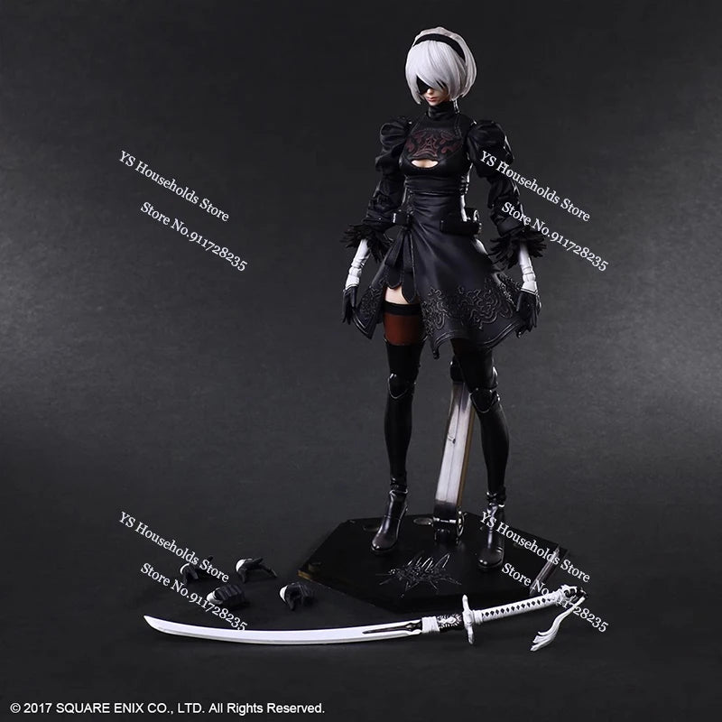 PLAY ARTS Original 1/6  Nier White Hair Movable Girl Action Figure 2B Sister Mini Long Sword Weapon Decor 12" Female Soldier