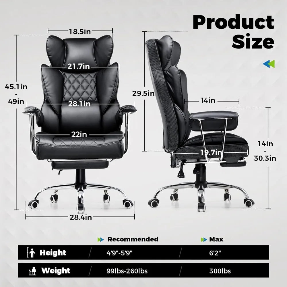 Big and Tall Office Chair, High Back Leather Gaming Chair with Footrest, Executive Ergonomic Office Chair with Pocket