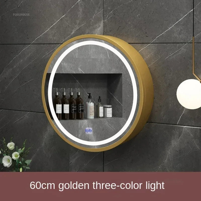 Nordic LED Smart Bathroom Mirror Cabinets Solid Wood Oval Bathroom Wall Hanging Round Vanity Mirrors with Storage Shelf b