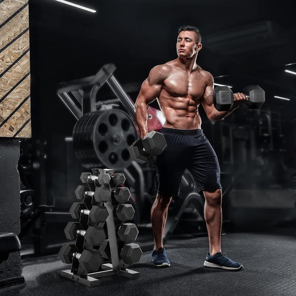Комплект шестостенни дъмбели с гумено покритие WF Athletic Supply от 5 до 25 паунда с поставка за съхранение за подобрено мускулно тонизиране