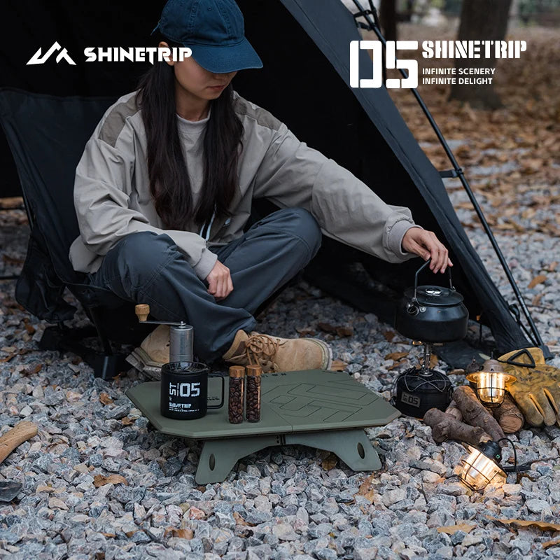 ShineTrip серия 05, ултралека маса с двойно предназначение, за къмпинг на открито, преносима маса, сгъваема, с алуминиева стойка и коремни мускули.