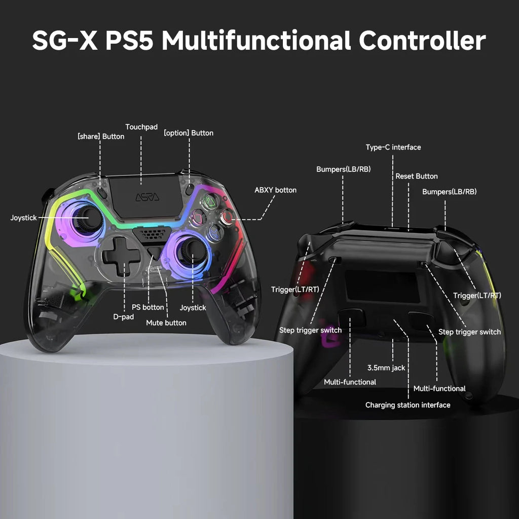 Transparent Wireless Controller HG-04D for PS5/PC/iOS/Android/Steam with BT 5.3,Macro Button,Touchpad,Hall Triggers & Joystick