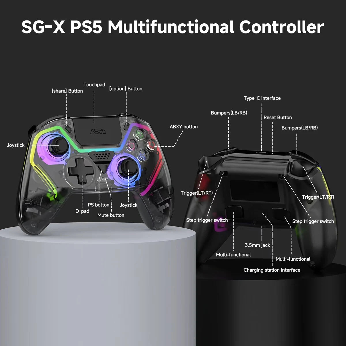 Transparent Wireless Controller HG-04D for PS5/PC/iOS/Android/Steam with BT 5.3,Macro Button,Touchpad,Hall Triggers & Joystick