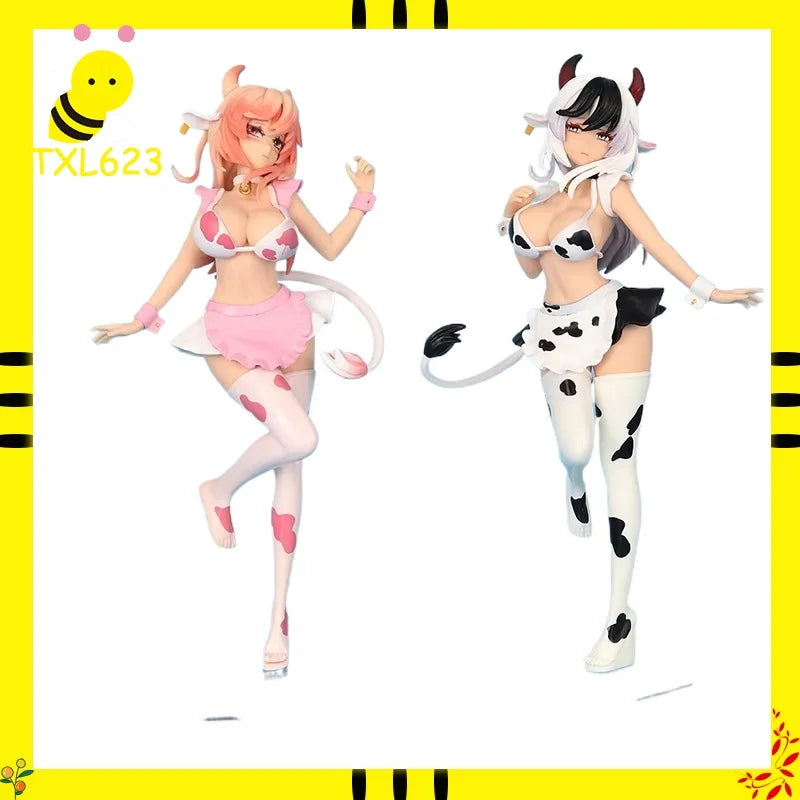 25cm Cow Maid Cartoon Girl Figure Black Pink Design Anime Statue Desktop Decor Collection Model Toy Gift