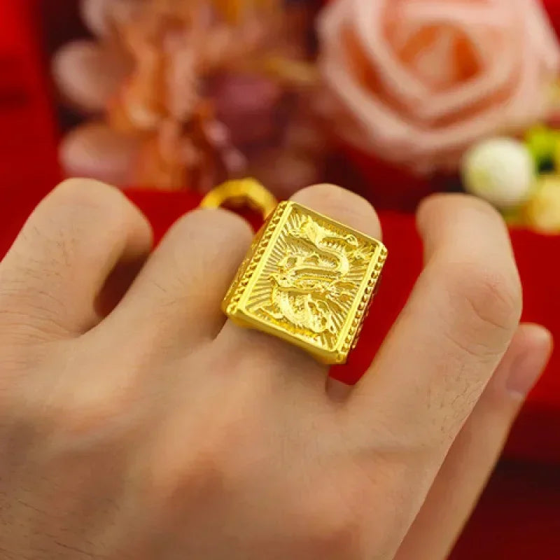 Glattes Segeln 18K Reales Gold Ring Reine 999 Herren AU750 Modische Drachen Muster Einstellbare Segen Geschenk für Freunde