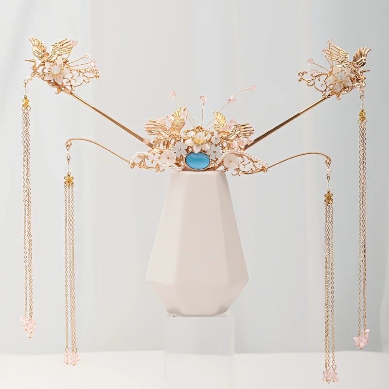 Pearl Crystal Hairpin Headband For Women Bride Chinese Style Hanfu Wedding Bridal Hair Accessories Jewelry Hairpin Headband Gift