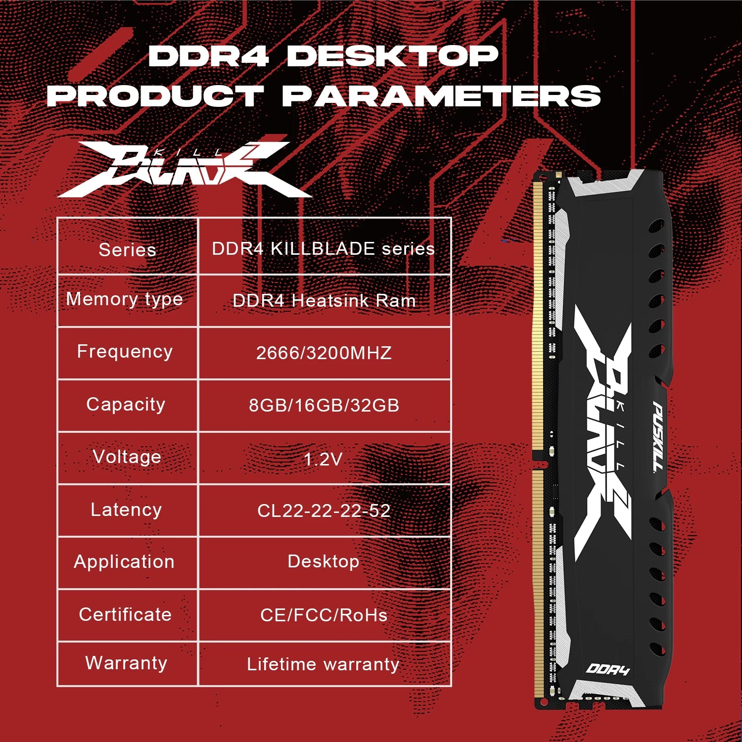 PUSKILL DDR4 Memory RAM Desktop 16GBx2 8GBx2  3200MHz 2666MHz 1.2V 288-pin Computer UDIMM Cooling Vest  Memoria