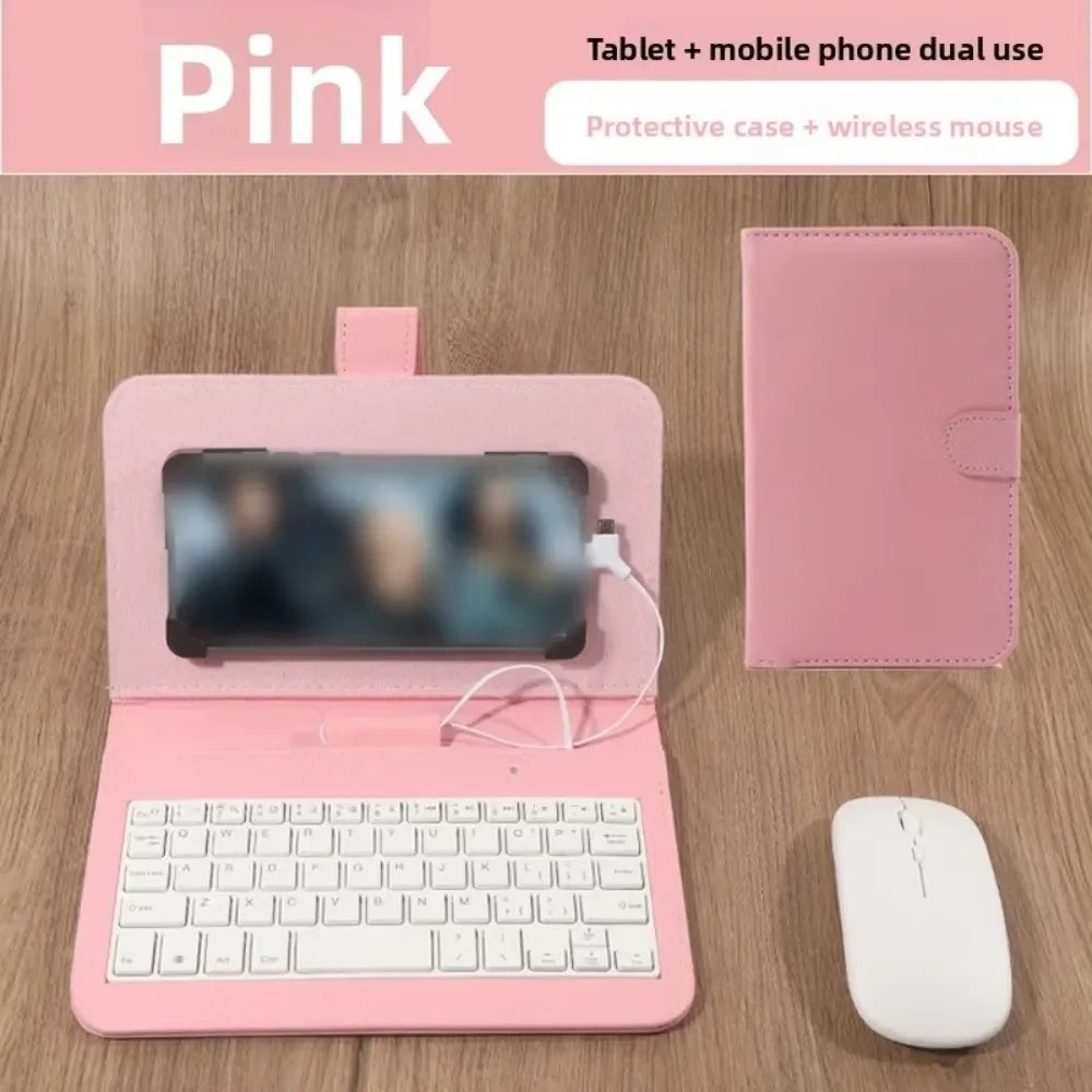 Portable Keyboard Mouse Set Type C & Micro Available Bluetooth Mouse Phone Holder PU Leather Shell Home Work Keyboard