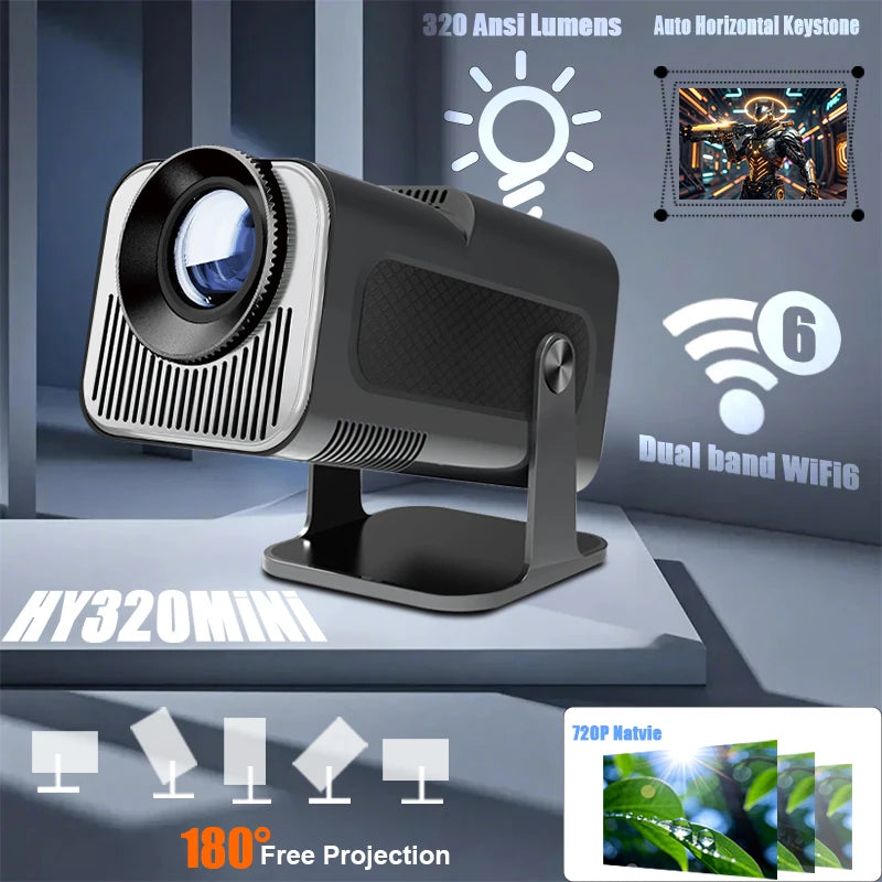 HY-320Mini Portable Newly Native 720P Allwinner H713 Android11 4K Projector 320ANSI Wifi6 BT5.0 Cinema Outdoor Rotable Projector