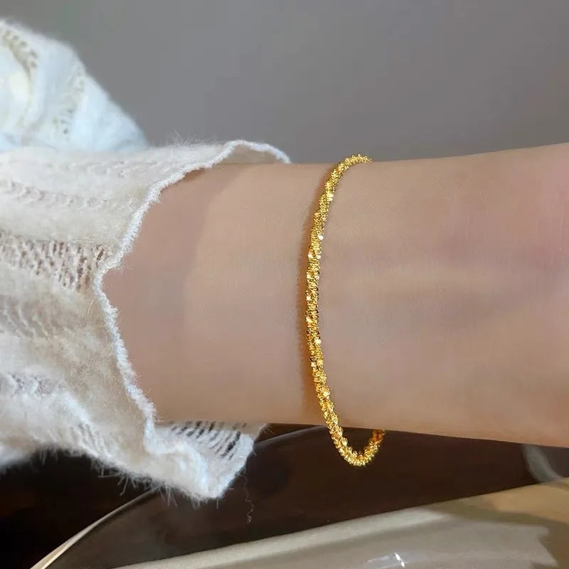 14 K Pure Gold Color Shiny Bracelet Chain for Women Bride Wedding Bracelet Bangle Fine Jewelry Gifts Not Fade