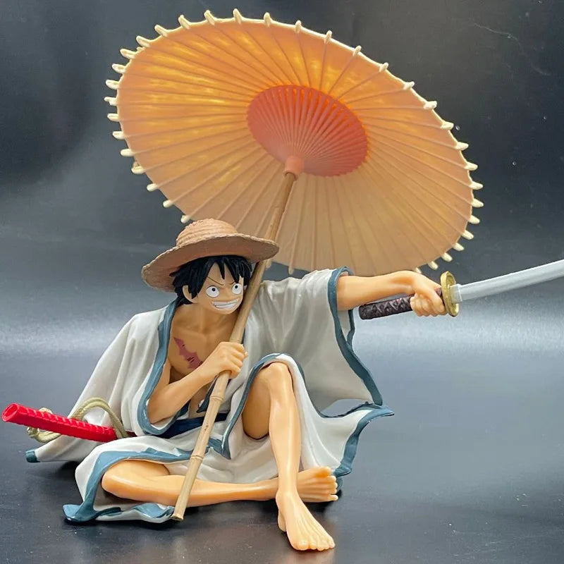 13CM Anime One Piece Monkey D. Luffy Wano Country Kimono Dress Up Umbrella Sitting Model Toy Gift Collection Action Fiugre PVC