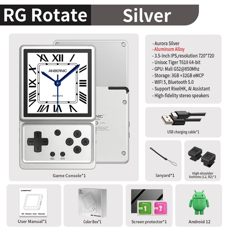 Anbernic RG Rotate Handheld Game Console 3.5" IPS Rotating Screen Android Aluminum Alloy 2000 mAh Retro Portable Games Player AI