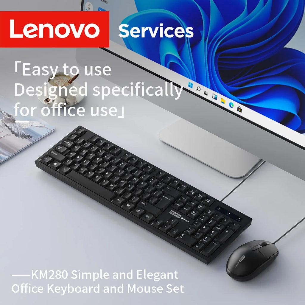 Lenovo Kabelgebundenes Tastatur- und Maus-Set, klassisches schwarzes Büro-Set, Business, Büro, Zuhause, Tastatur und Maus, 104 Tasten-Layout, Desktop, Laptop, universell