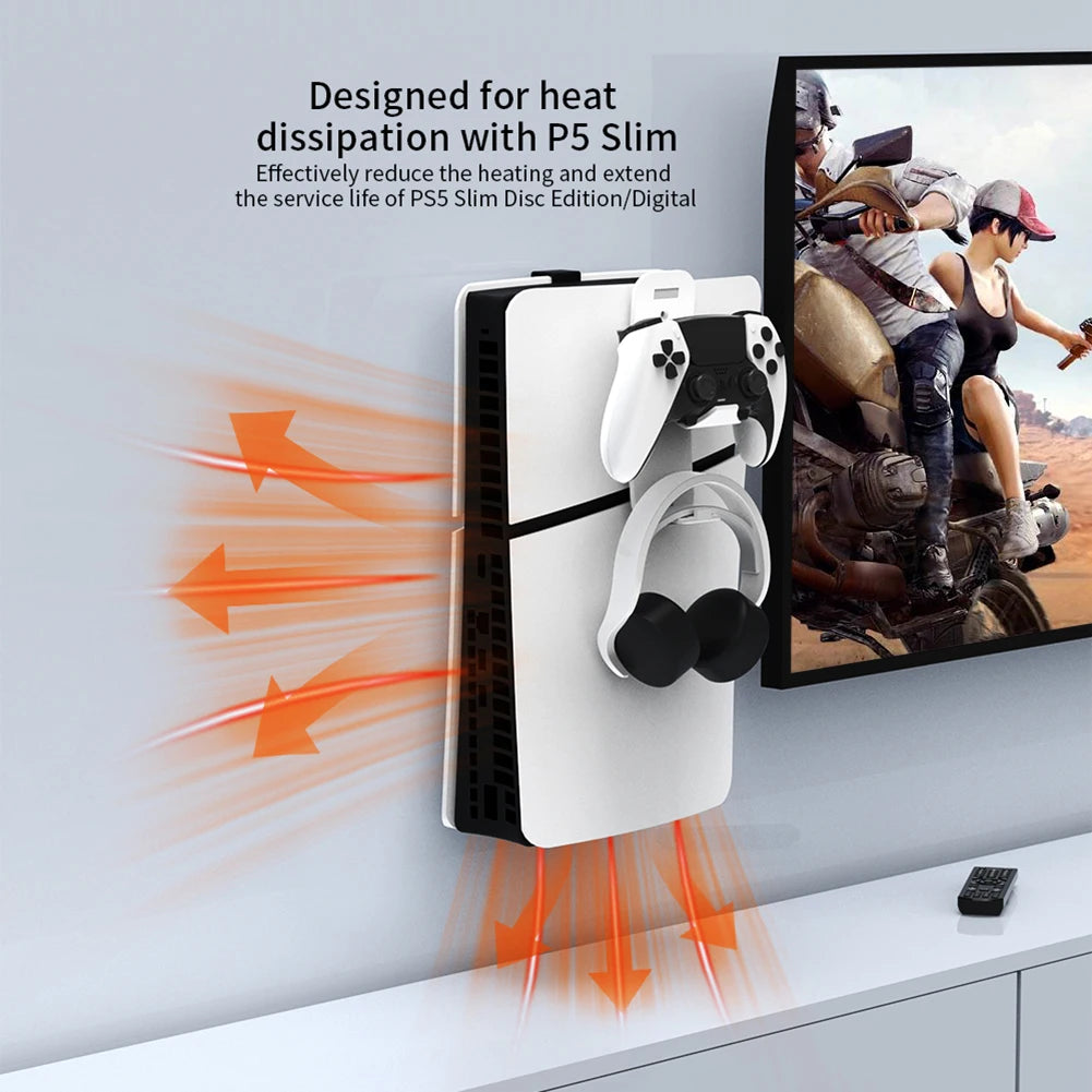 Space Saving Wall Mount Kit for PS5 Slim Console with Controller and Headset Hook for Organized Storage