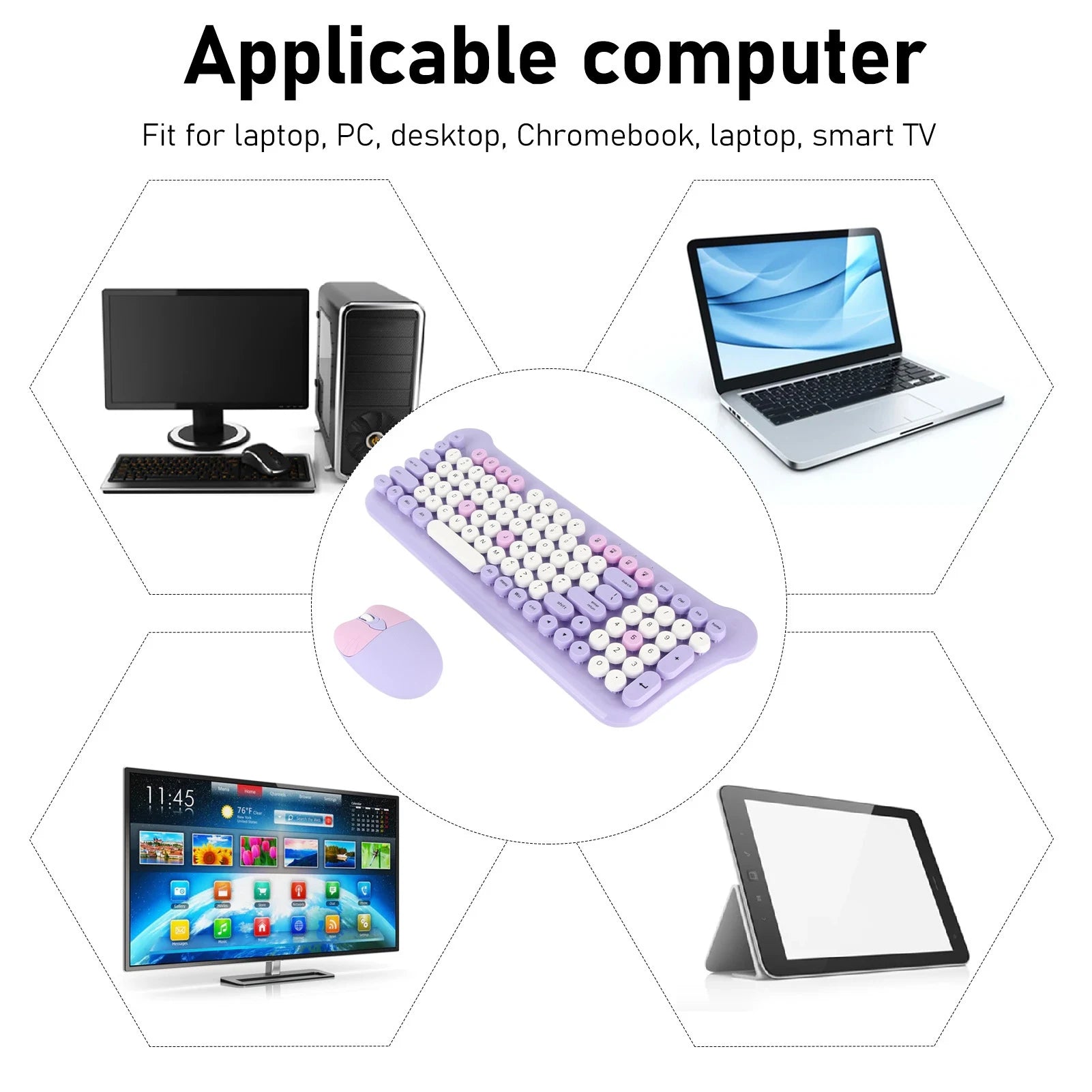 Colorful Keyboard and Mouse Plug and Play Wireless Keyboard and Mouse Set Responsive with Round Keycaps for Laptops PC Desktops