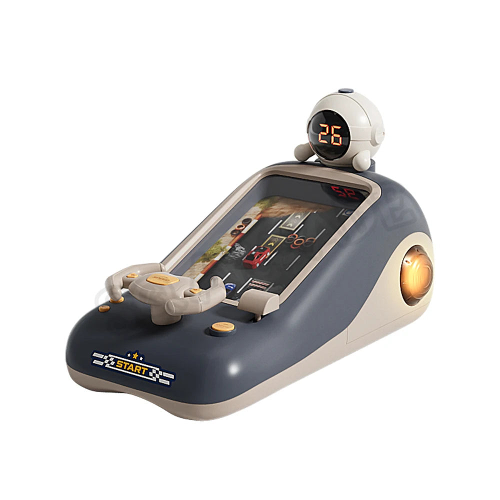 Vintage-style handheld gaming console with screen and control buttons on a white background