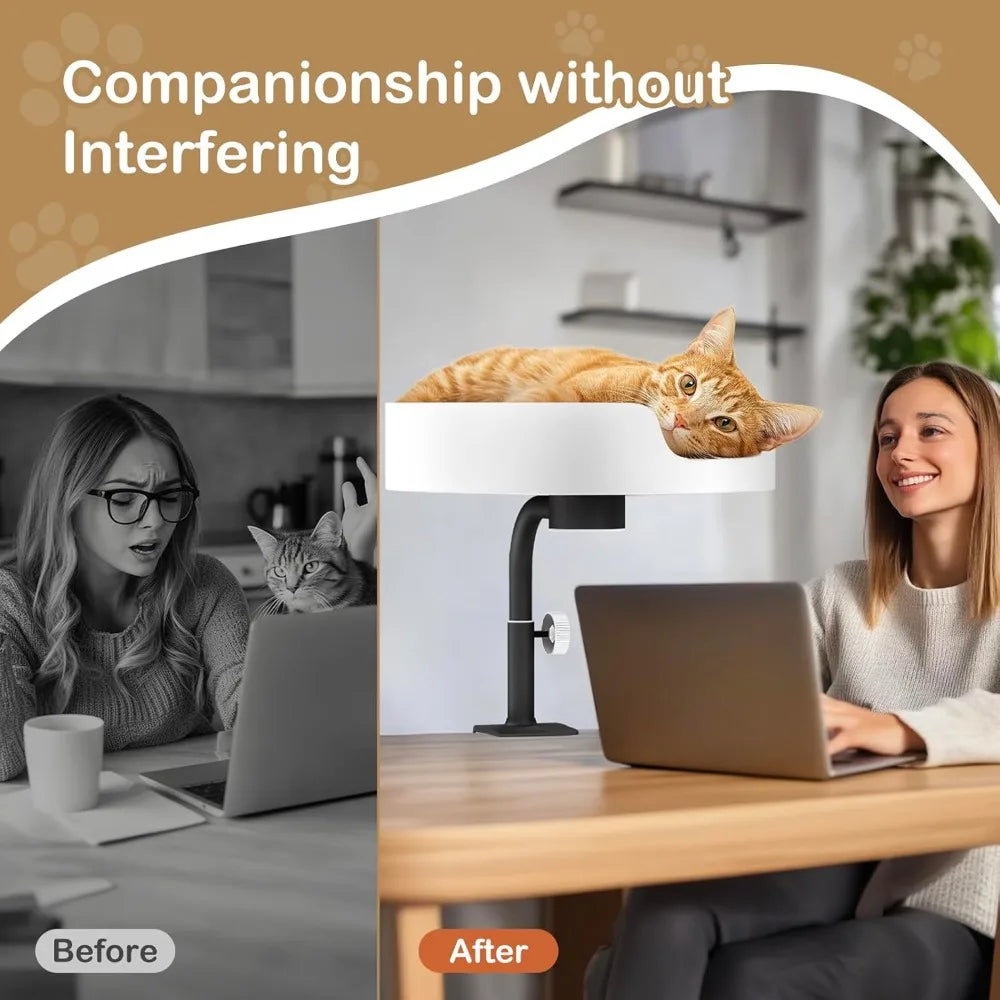 Cat Desk Bed Large Perch Nest with Teaser Easy Install,Space Saving Mount Design,Sturdy Frame,Removable Cushion,Clamp Desktop At