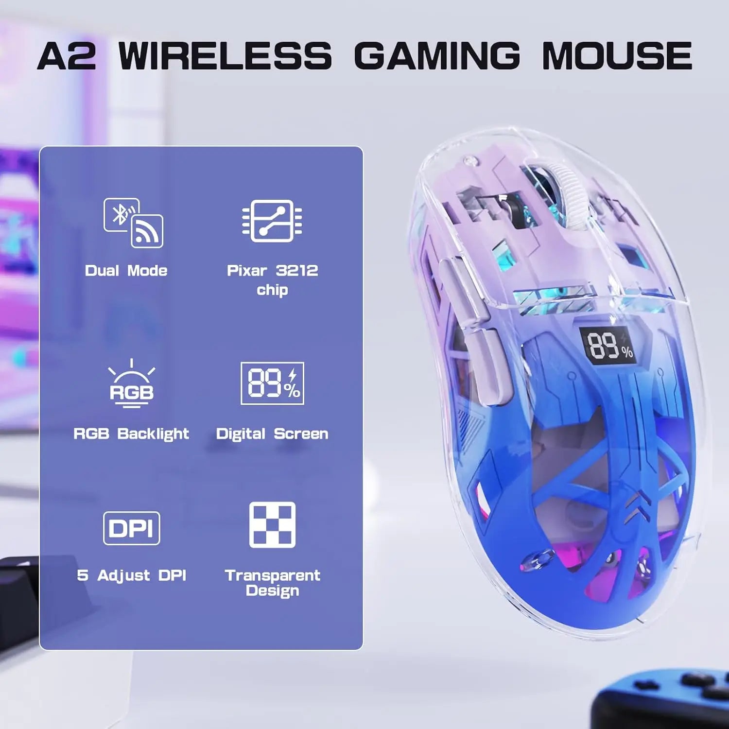 A2 Transparente kabellose Gaming-Maus, BT 5.0/2,4G PC wiederaufladbare RGB-Mäuse mit digitalem Bildschirm, PixArt 3212, 5 einstellbare DPI
