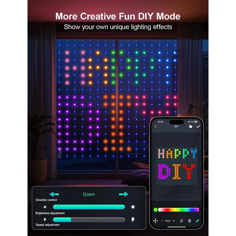 Smart LED RGB Curtain Lights USB App Control String  Music Sync DIY Pattern and Text Programmable Fairy Lights for Christmas