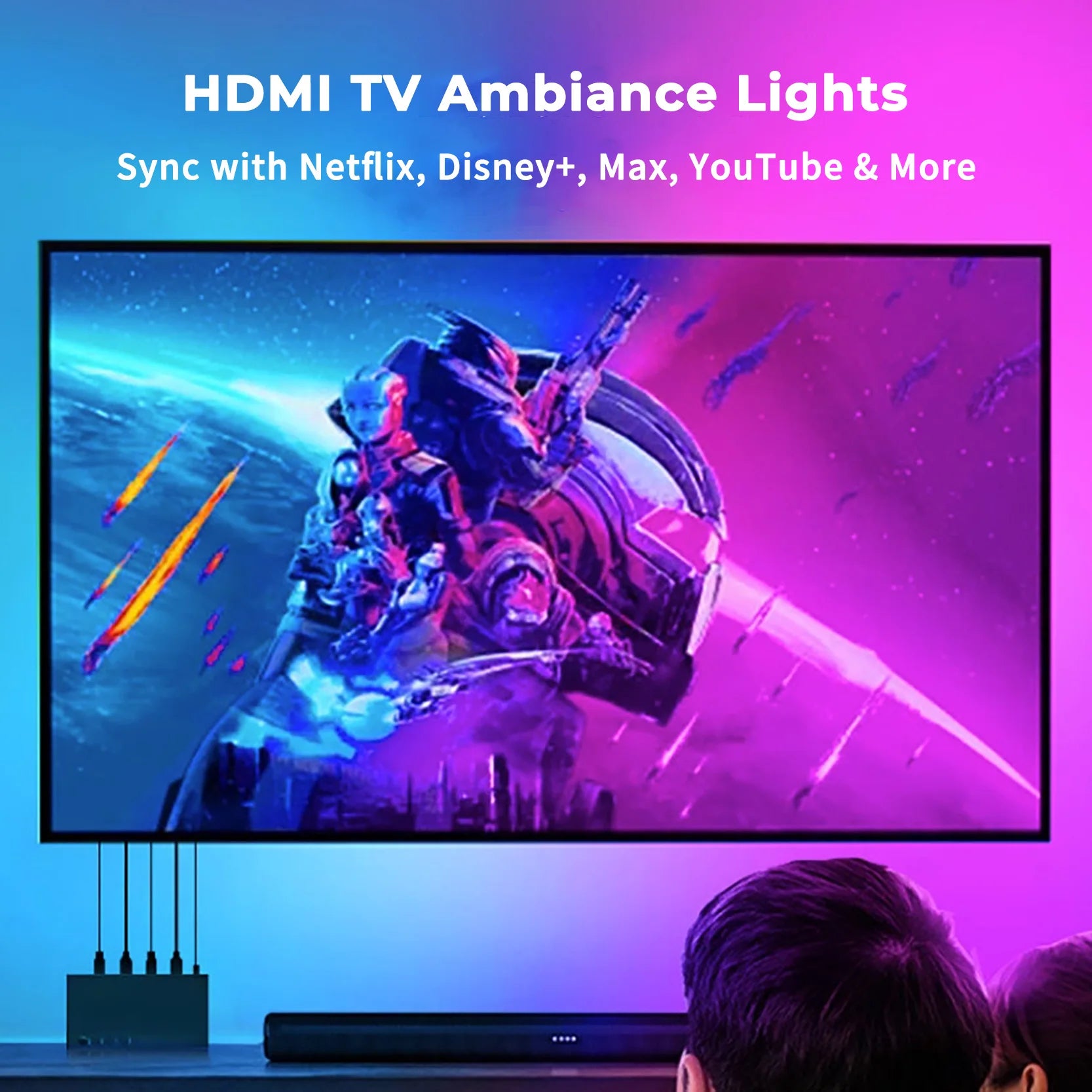 LED HDMI Sync TV Backlight with Dynamic Ambiance Lighting | Works with TV Box/PS5| Plug & Play, 16M Colors, Music & Gaming Mode