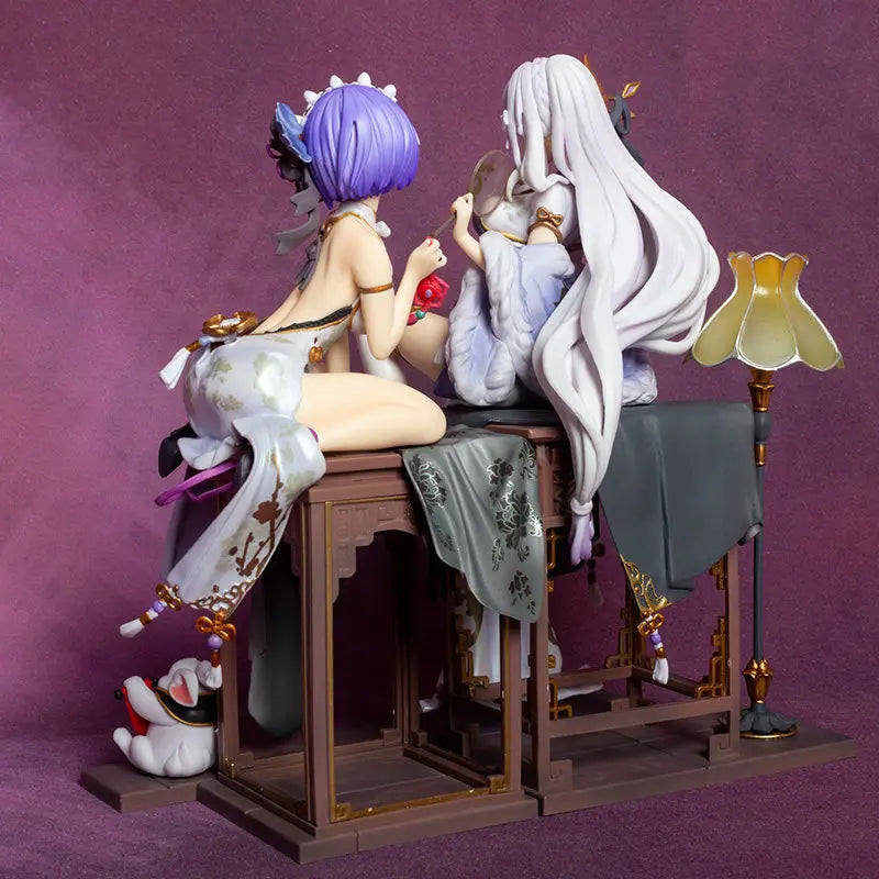 22cm Re:Zero Emilia and Rem Chinese Dress Figure Set - Elegant Qipao Anime Statue, Cute Collectible Model & Desktop Decor