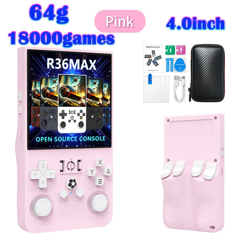 R36MAX Игрална конзола 64GB 128GB 18000+ ИГРИ Linux система 4.0-инчов K36 срещу R36S 3.5-инчов джобен видео плейър. Не е необходимо изтегляне.