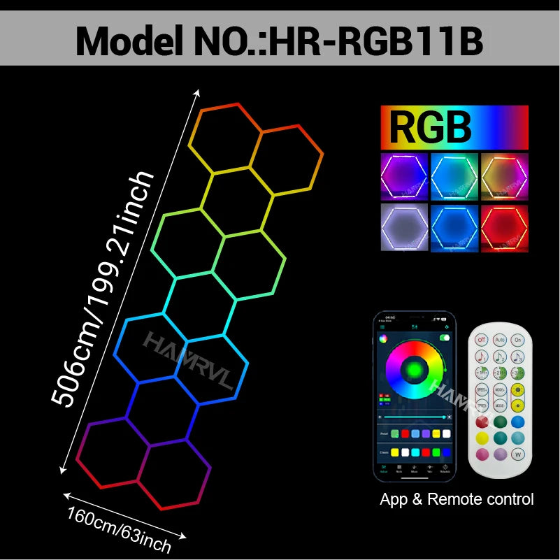 RGB Hexagon LED Lighting Colorful Change Dimming Deco Light for Car Garage Gym Party Club Stage Gaming Sound pickup Wall Ceiling