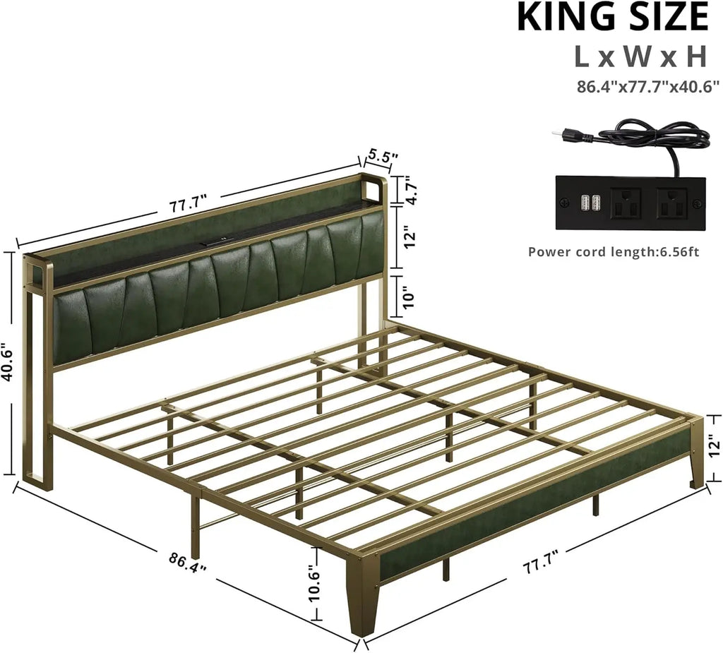 LIKIMIO Twin XL/Full/King/CaliforniaKing Bed Frame, Storage Headboard with Charging Station, No Box Spring Needed, Dark Green