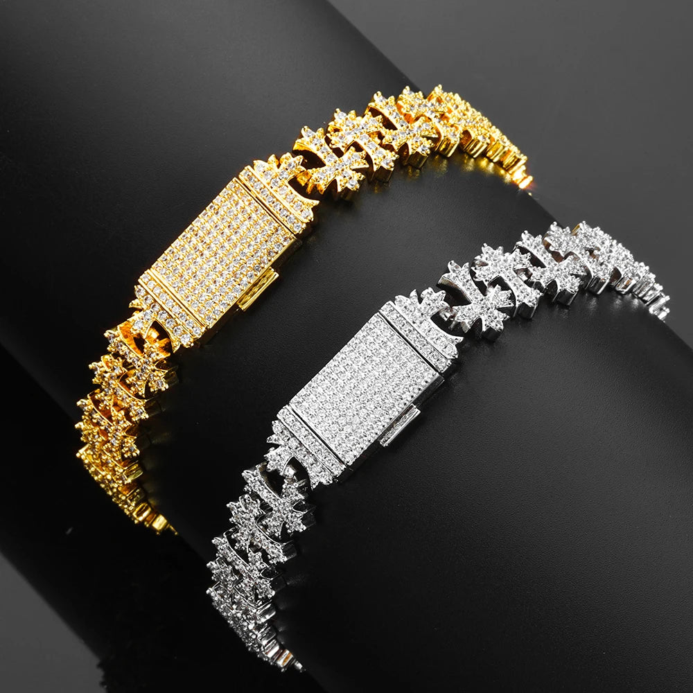 ESKEEM Hip Hop Schmuck 11MM Iced Cross Armband CZ Diamant Messing Handfassung Schneeflocke Cross Link Armband für Männer Frauen Geschenk