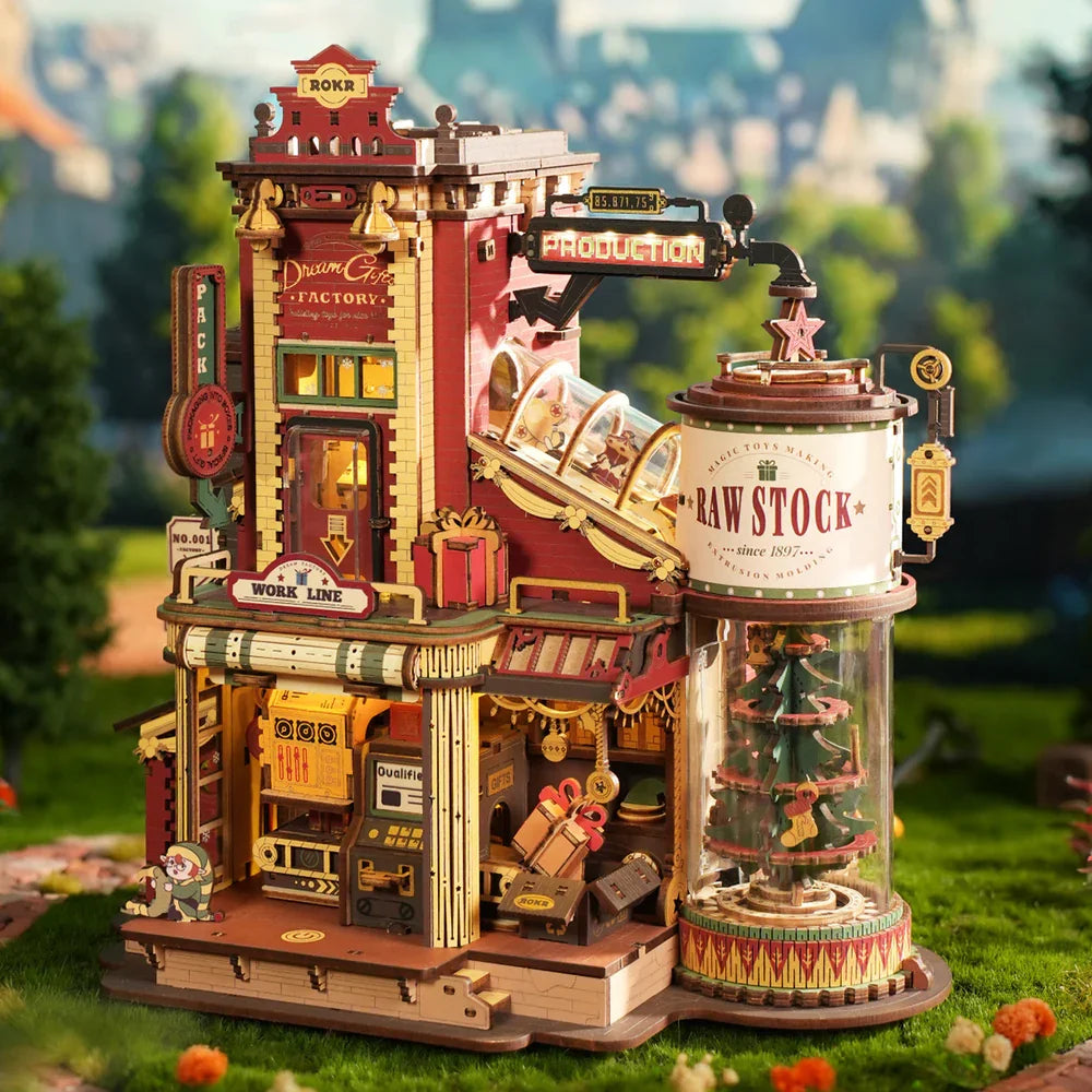 Robotime Rokr Dream Gift Factory 3D-Holzpuzzles, Holzspieluhr, Weihnachts-Holzmodellbausätze, Bauen Sie die besten Geschenke für Kinder und Erwachsene
